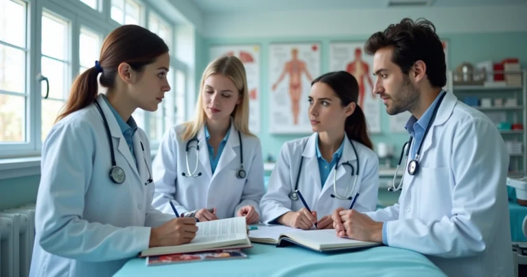 Estudantes de medicina em aula prática com estetoscópios e jalecos em laboratório moderno