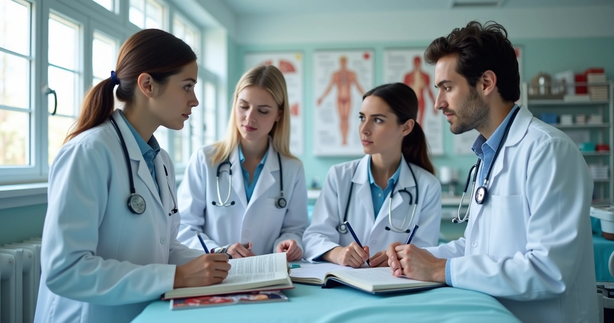 Estudantes de medicina em aula prática com estetoscópios e jalecos em laboratório moderno