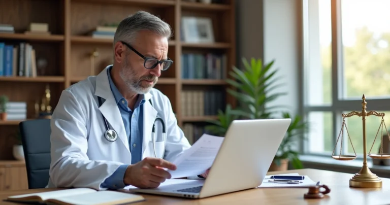 Médico consultando contrato jurídico em escritório com livros de direito ao fundo
