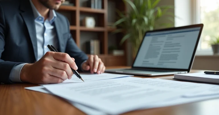 Advogado analisando documentos jurídicos em escritório moderno com laptop e papéis organizados