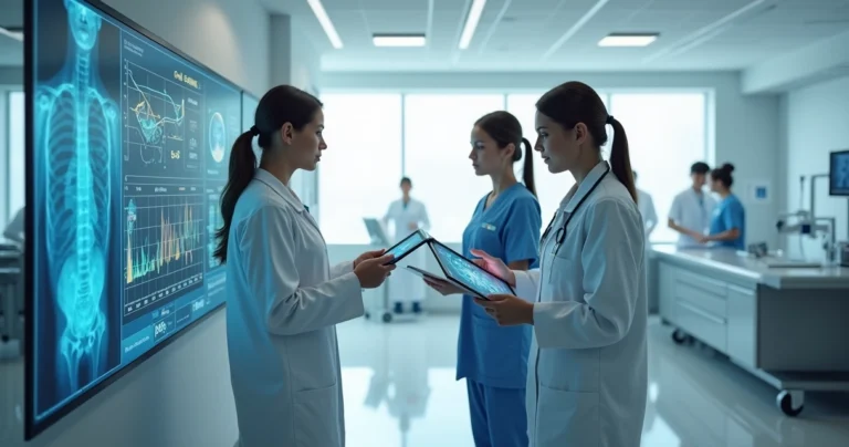 Médicos e enfermeiros usando tablets e computadores com sistemas de IA em um hospital moderno, com telas digitais mostrando exames e dados clínicos