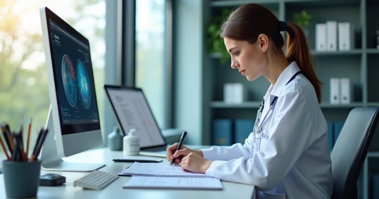 Médico registrando informações detalhadas em prontuário médico em consultório moderno