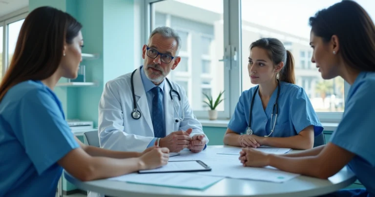 Médico chefe conversando com equipe hospitalar em ambiente clínico moderno e iluminado