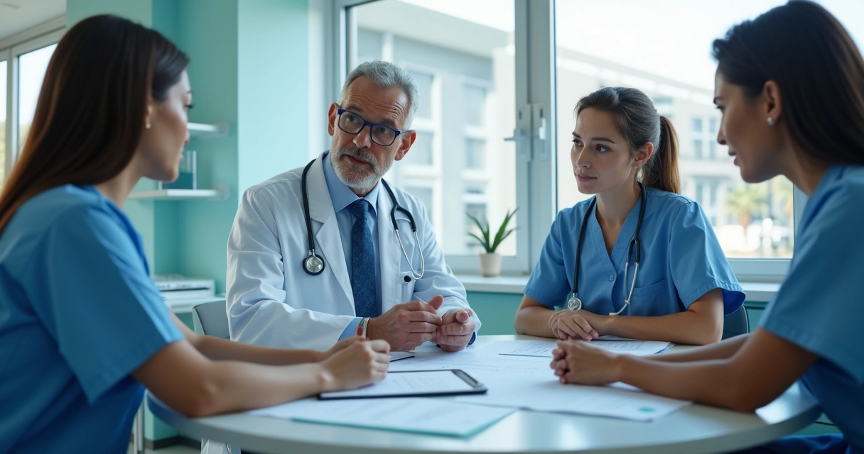 Médico chefe conversando com equipe hospitalar em ambiente clínico moderno e iluminado