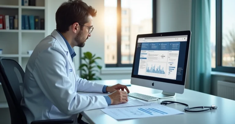 Médico perito analisando documentos médicos em ambiente clínico com computador e laudos