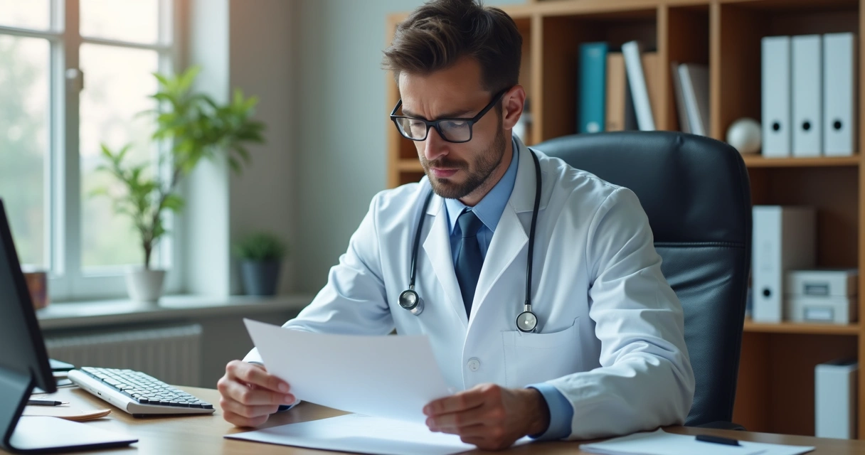 Médico olhando atentamente para uma notificação formal em papel, sentado em escritório com mesa organizada, computador e livros jurídicos ao fundo