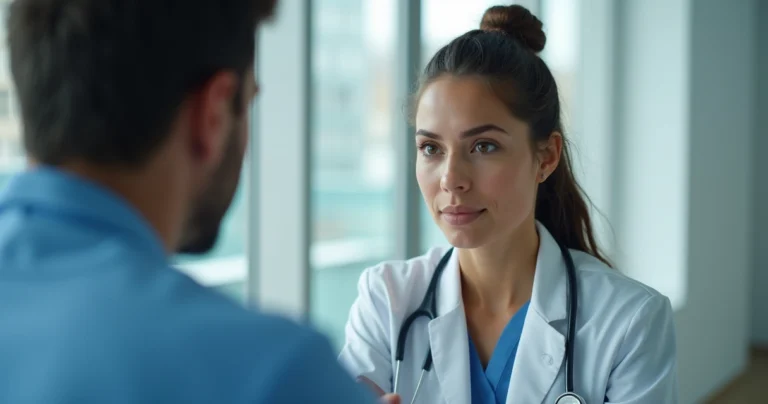 Paciente recusando tratamento médico em consulta, com médico explicando riscos