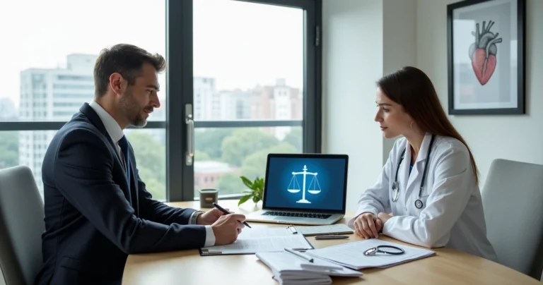 Advogado especializado em direito médico orientando médica em consultório moderno