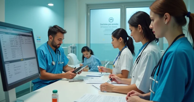 Profissionais de saúde em hospital alinhando segurança do paciente em cadeia de cuidados