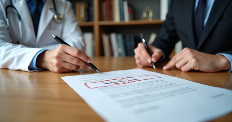 Médico e advogada revisando contrato médico com cláusula riscada