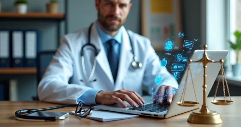 Médico analisando redes sociais em notebook com ícones digitais e símbolo da justiça