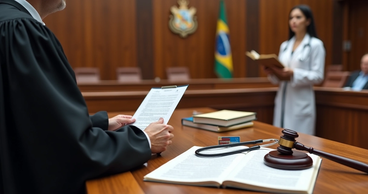 Juiz analisando processo de saúde suplementar com médica em destaque