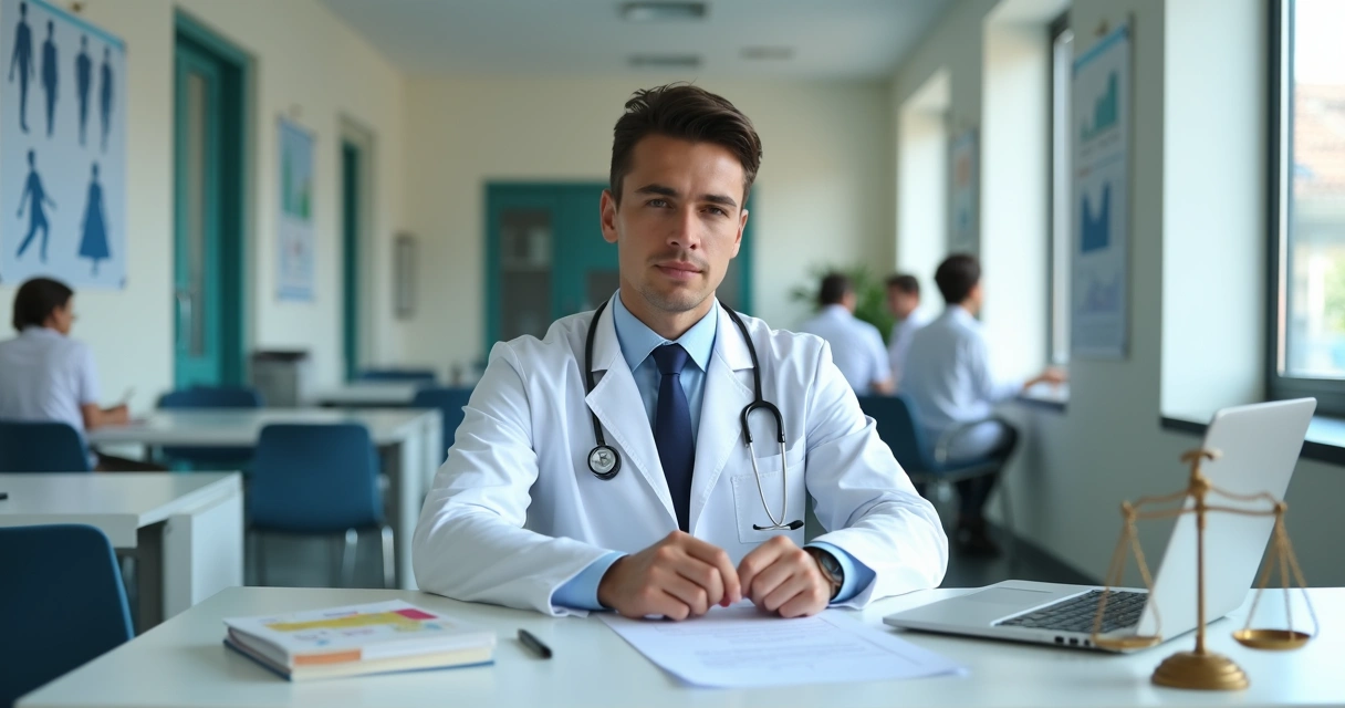 Médico no consultório do SUS analisando documentos jurídicos e financeiros sobre o Fies