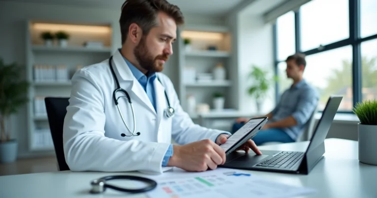 Médico usando tablet com prontuário digital apoiado por inteligência artificial