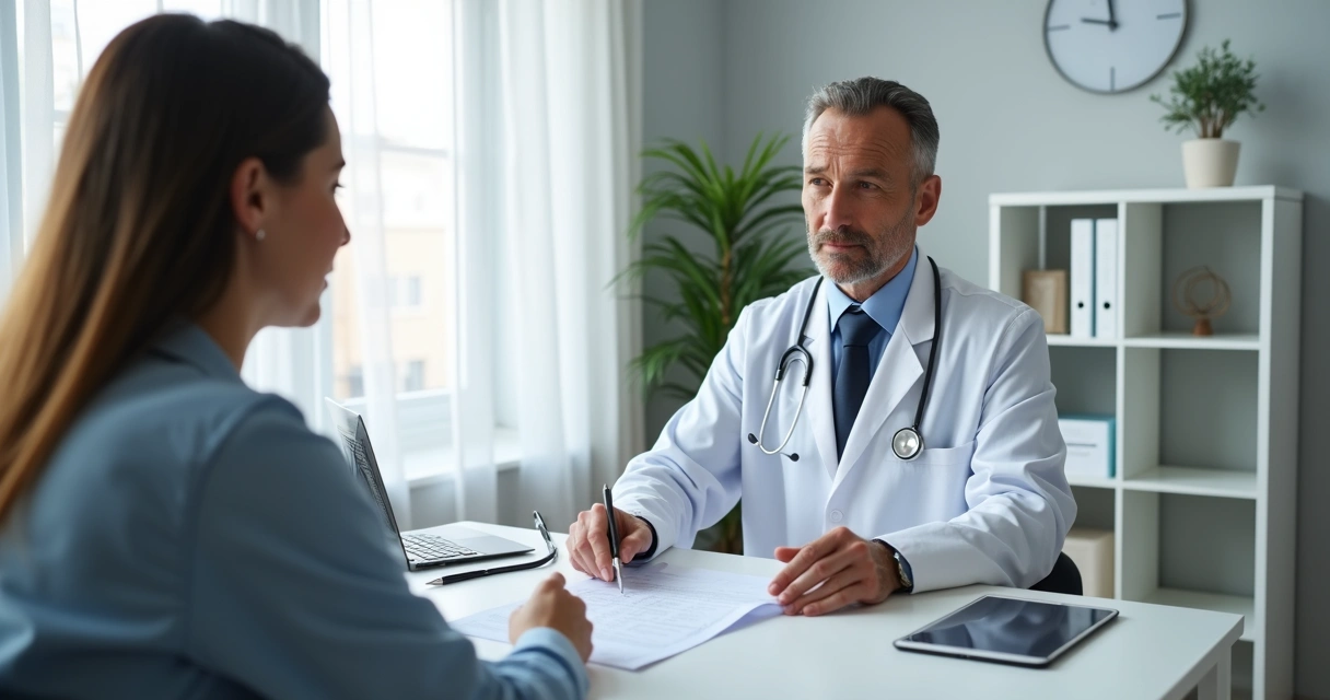Médico e paciente conversando sentados em consultório com documentos sobre consentimento na mesa