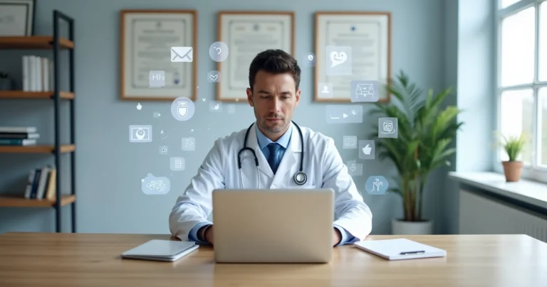 Médico analisando redes sociais em laptop com ícones digitais de mídia e símbolos jurídicos