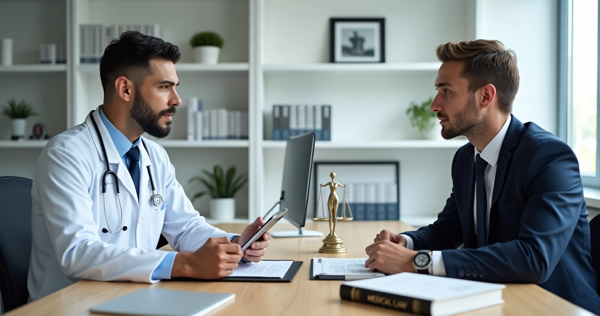 Médico em consultório discutindo sigilo médico com advogado
