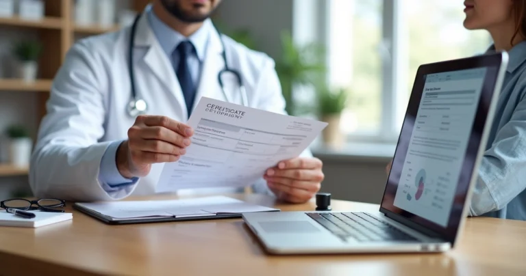 Médico entrega atestado médico impresso enquanto tela ao fundo exibe versão eletrônica