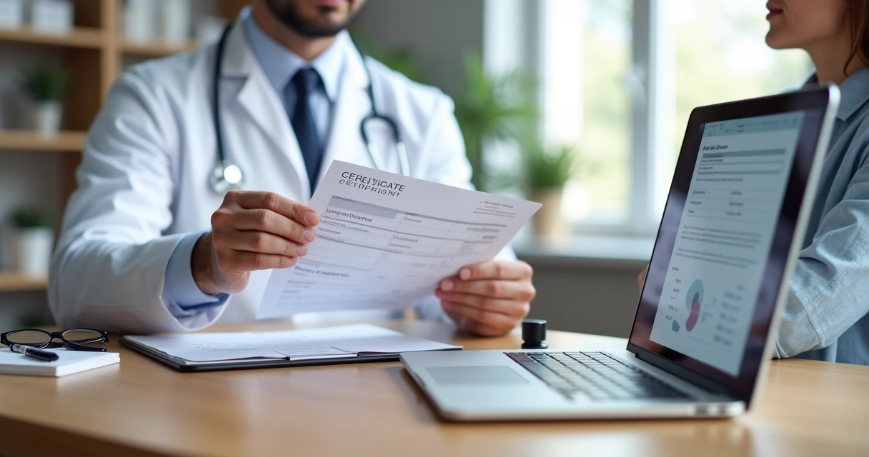 Médico entrega atestado médico impresso enquanto tela ao fundo exibe versão eletrônica