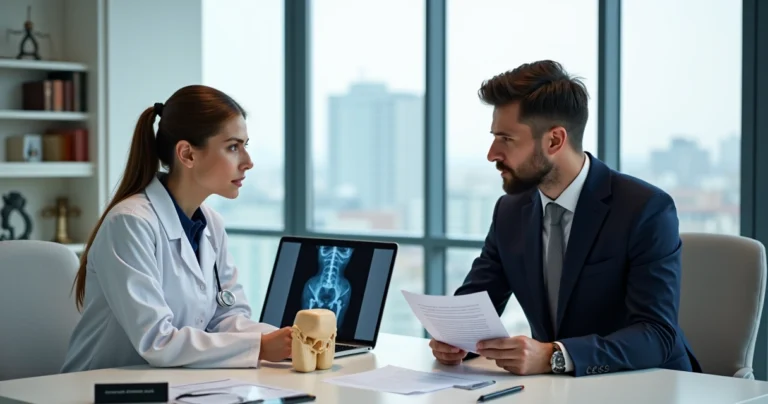 Médica e advogado discutindo cirurgia pélvica em consultório moderno