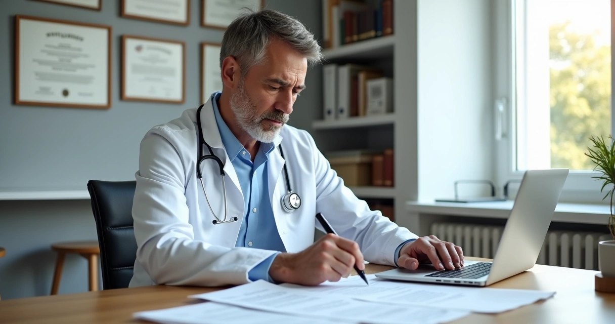 Médico preocupado analisando documentos jurídicos em consultório moderno