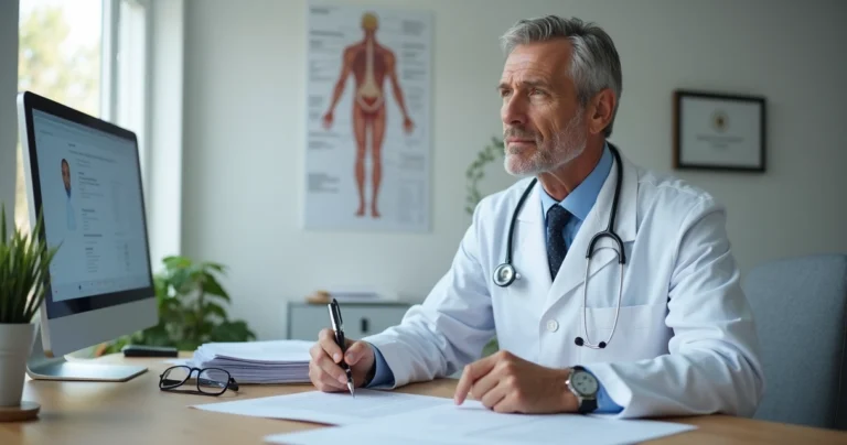 Médico em consultório segurando guia em branco com expressão de dúvida e alerta