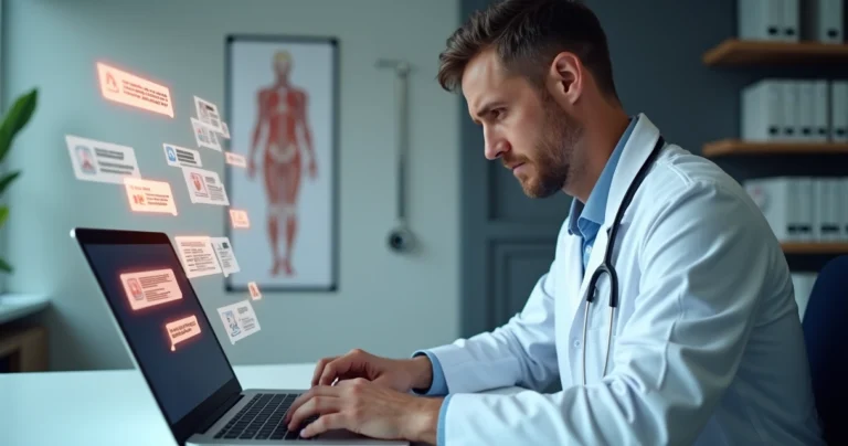 Médico olhando preocupado para tela de notebook com redes sociais e símbolos jurídicos
