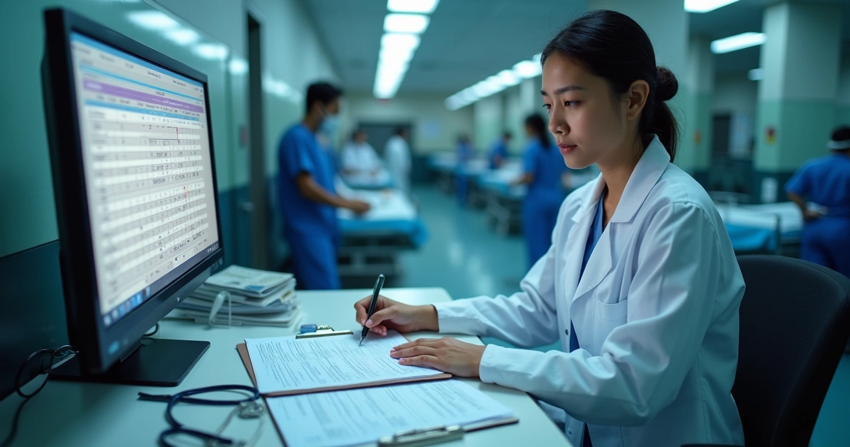 Residente médico em plantão noturno revisando documentos e prontuário