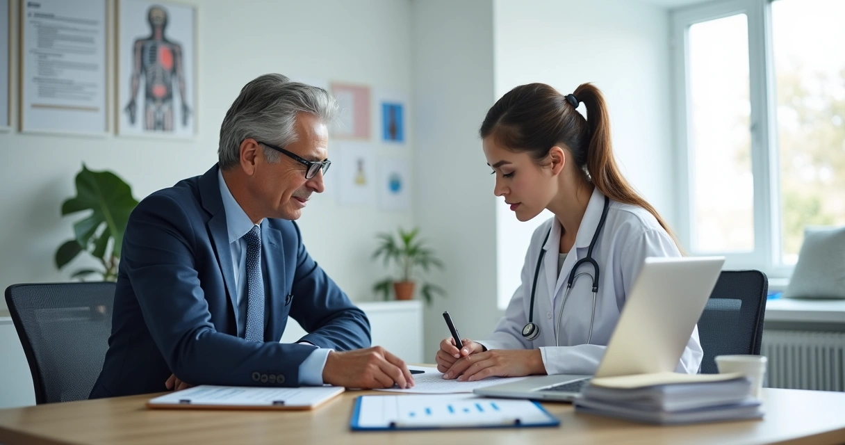 Consultor jurídico orientando médica sobre seguro para clínica em ambiente profissional moderno