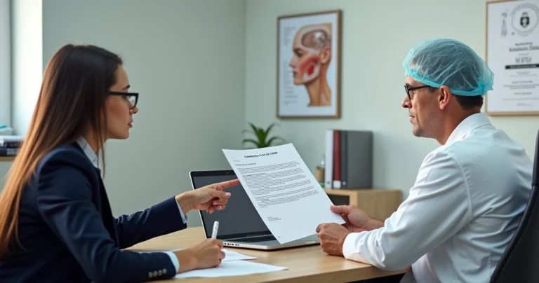 Dentista e advogada discutindo normas de cirurgias estéticas faciais