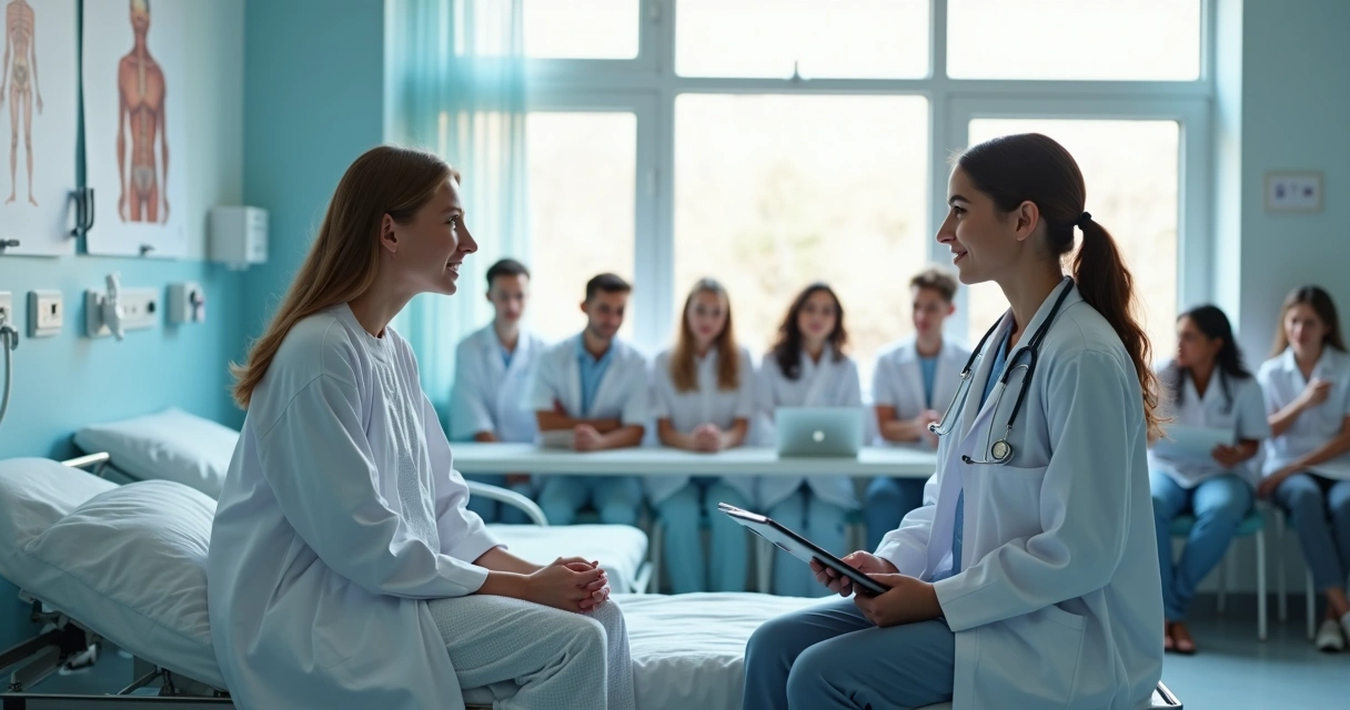 Professor orientando estudantes de medicina em simulação de consulta com paciente