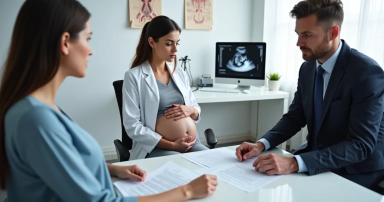 Gestante preocupada em consulta com médico e advogado analisando exame de ultrassom