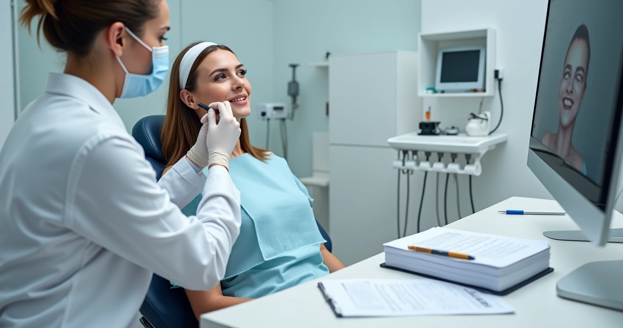 Dentista realizando procedimento estético facial com documentos jurídicos sobre a mesa