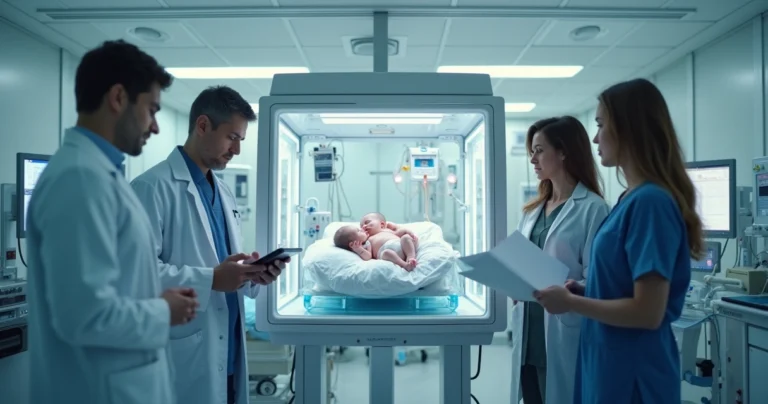 Equipe médica em UTI neonatal ao lado de incubadora com recém-nascido e pais preocupados