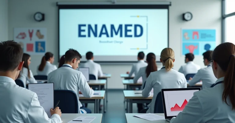 Estudantes de medicina em prova com expressão de preocupação em sala de aula