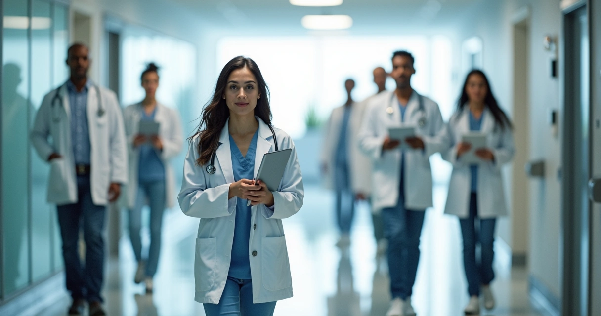 Médicos em formação caminhando por corredor de hospital com silhueta de reflexão ética ao fundo