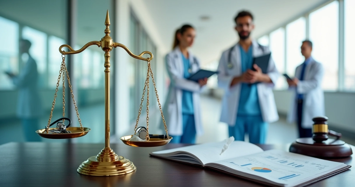 Balança da justiça diante de médicos de diferentes especialidades em um hospital