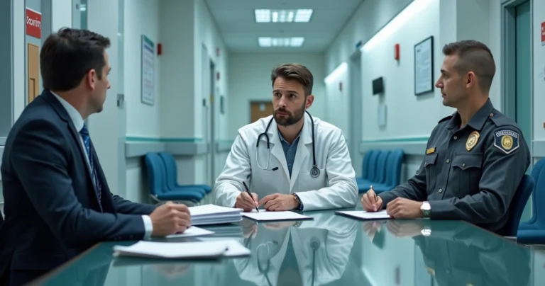 Médico preocupado em consultório conversando com segurança e advogado