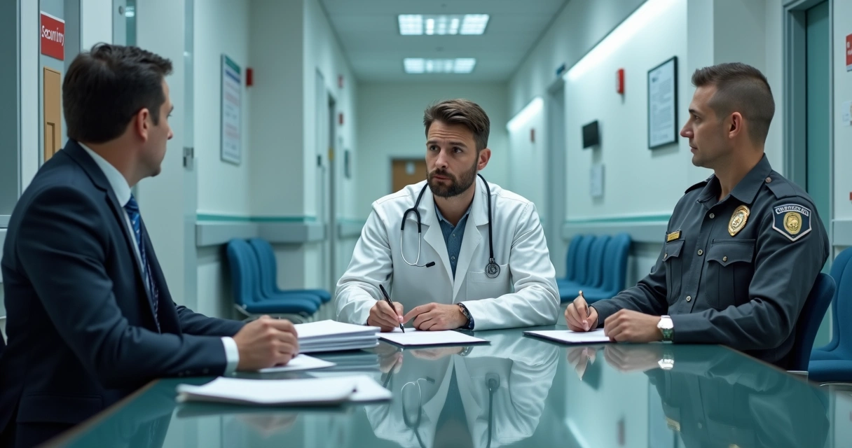 Médico preocupado em consultório conversando com segurança e advogado