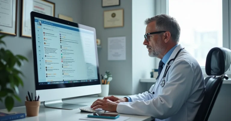 Médico em consultório olhando preocupado para tela com comentários negativos online