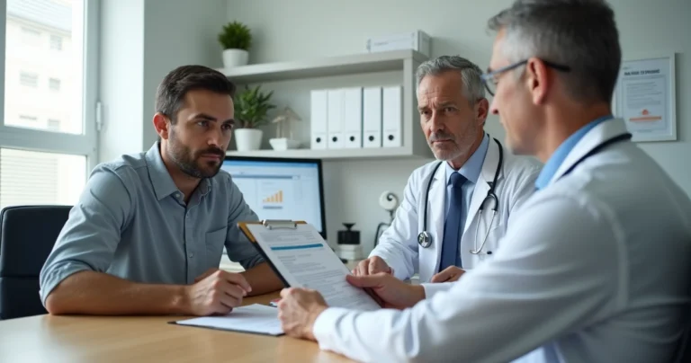 Médico em consultório conversando com paciente sobre reembolso de procedimento