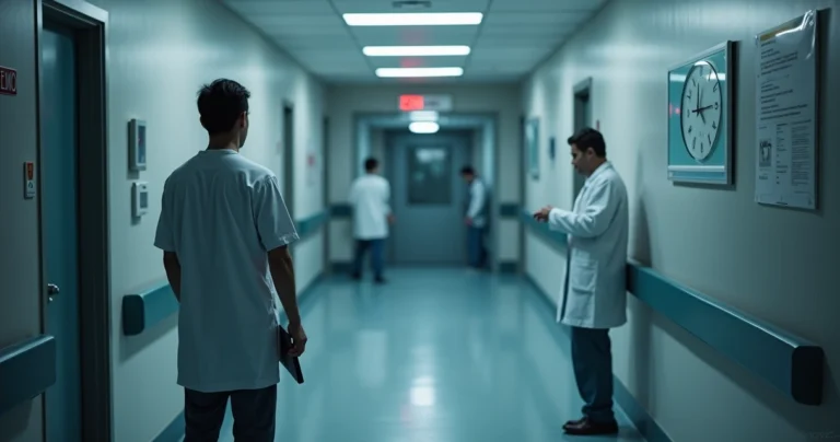 Médico saindo do plantão em corredor de hospital enquanto colega observa relógio