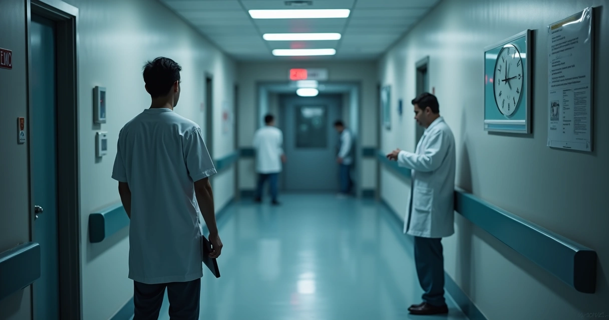 Médico saindo do plantão em corredor de hospital enquanto colega observa relógio