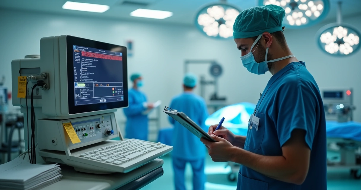 Médico avaliando equipamento quebrado em sala de cirurgia moderna