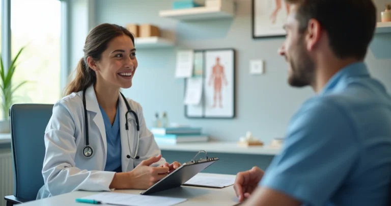 Médico jovem em consulta escutando atentamente paciente em ambiente clínico moderno