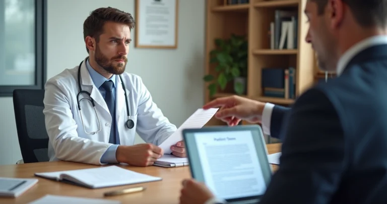 Médico em reunião com advogado analisando documentos de processo judicial
