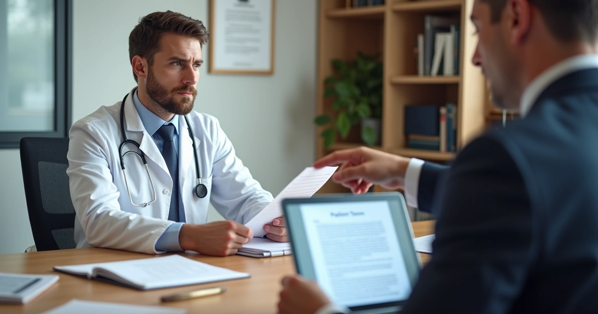 Médico em reunião com advogado analisando documentos de processo judicial