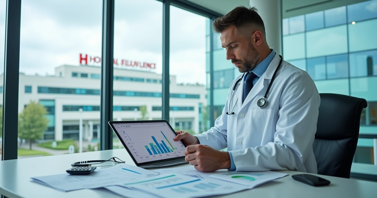 Médico analisando planejamento tributário com hospital ao fundo