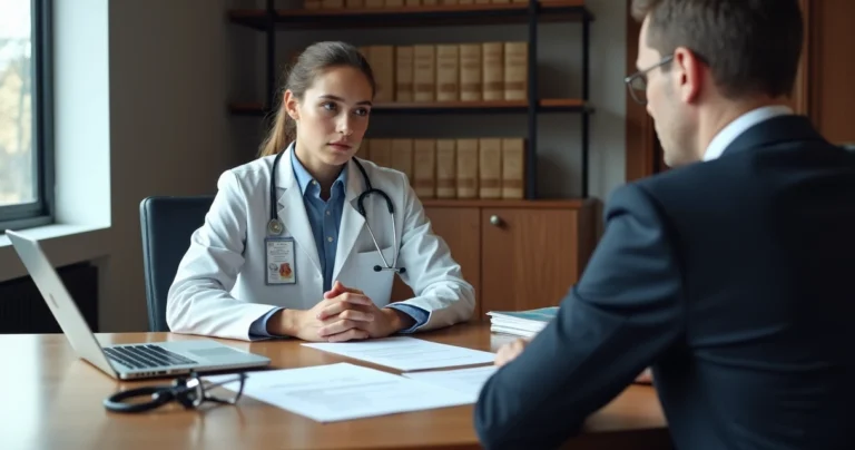 Médico residente de jaleco conversando com advogado em escritório jurídico