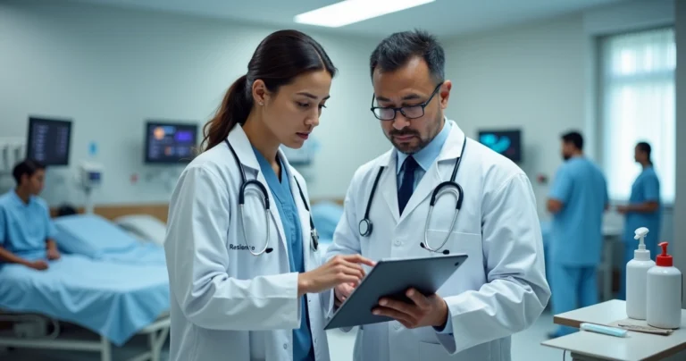 Médico residente e preceptor discutindo prontuário em ambiente hospitalar